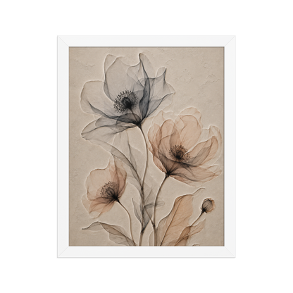 Framed wildflower trio print with embossed relief-look design in charcoal and clay tones on beige textured background