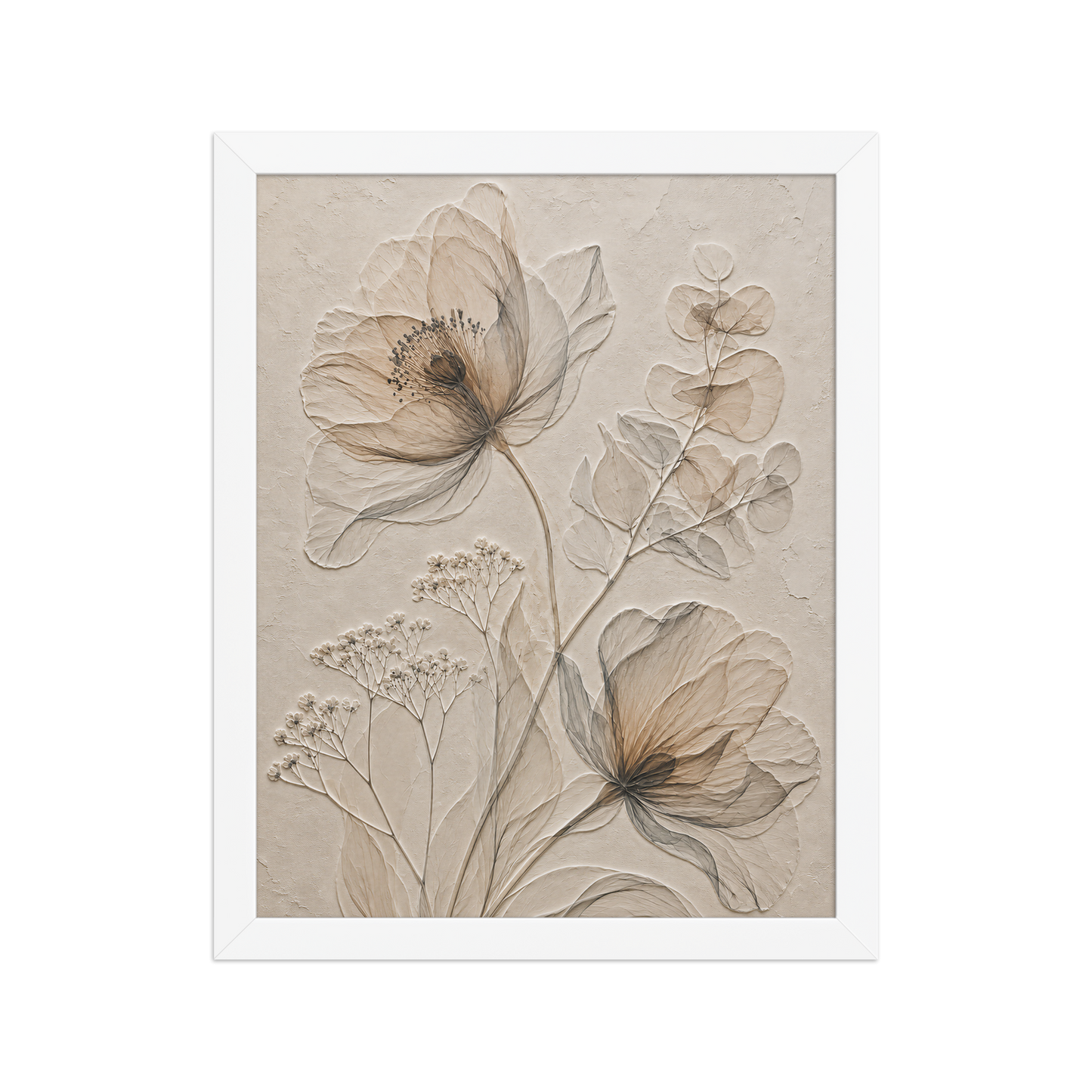 Framed botanical study print with embossed relief-look design in warm sepia tones on beige textured background