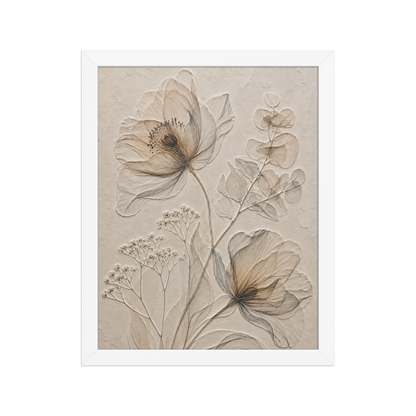 Framed botanical study print with embossed relief-look design in warm sepia tones on beige textured background