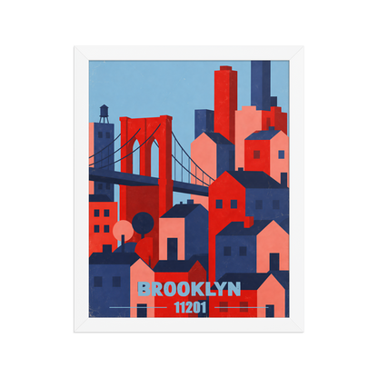 Framed Brooklyn Bridge retro travel poster, 11201 zip code wall art