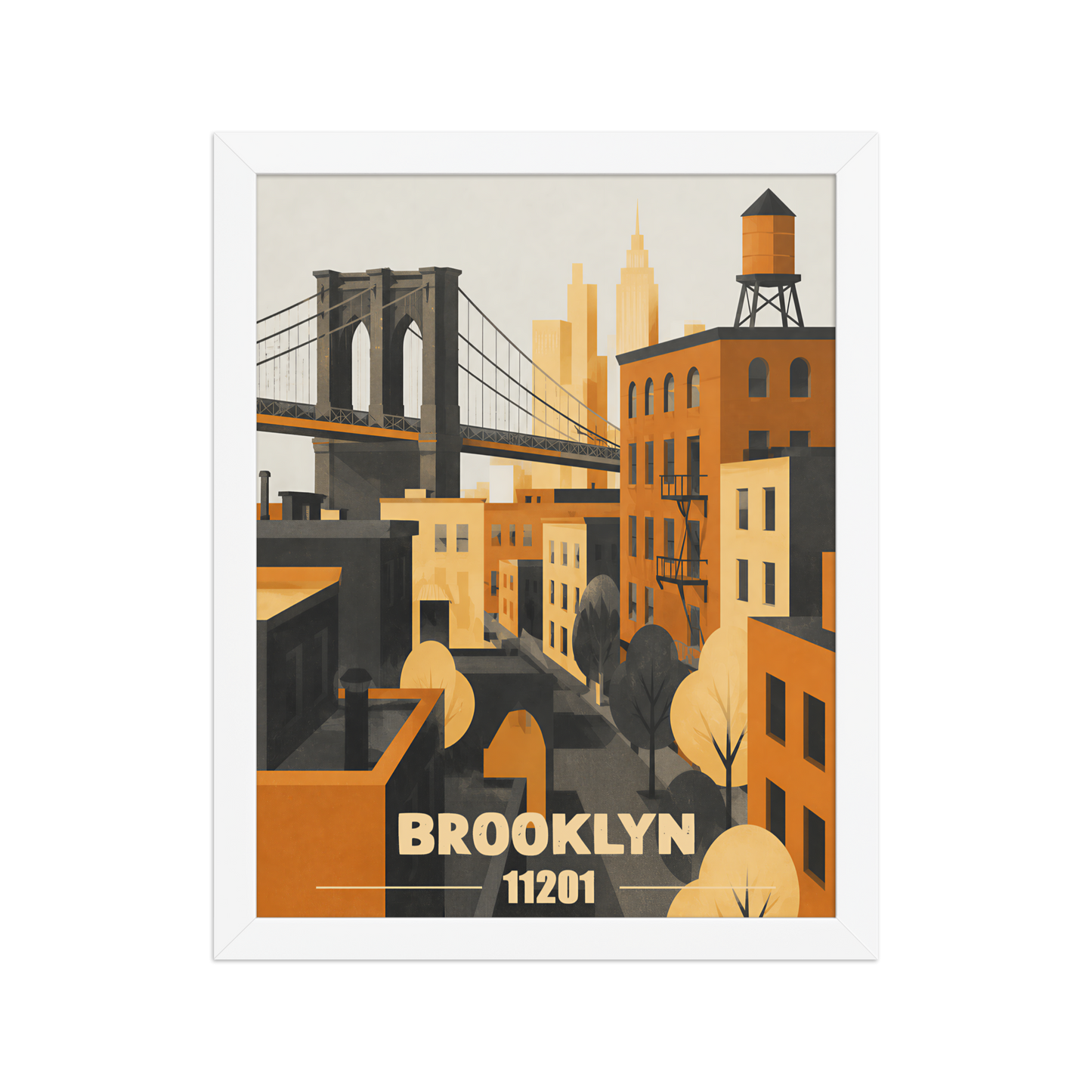 Framed Brooklyn fire escape retro travel poster, 11201 zip code wall art