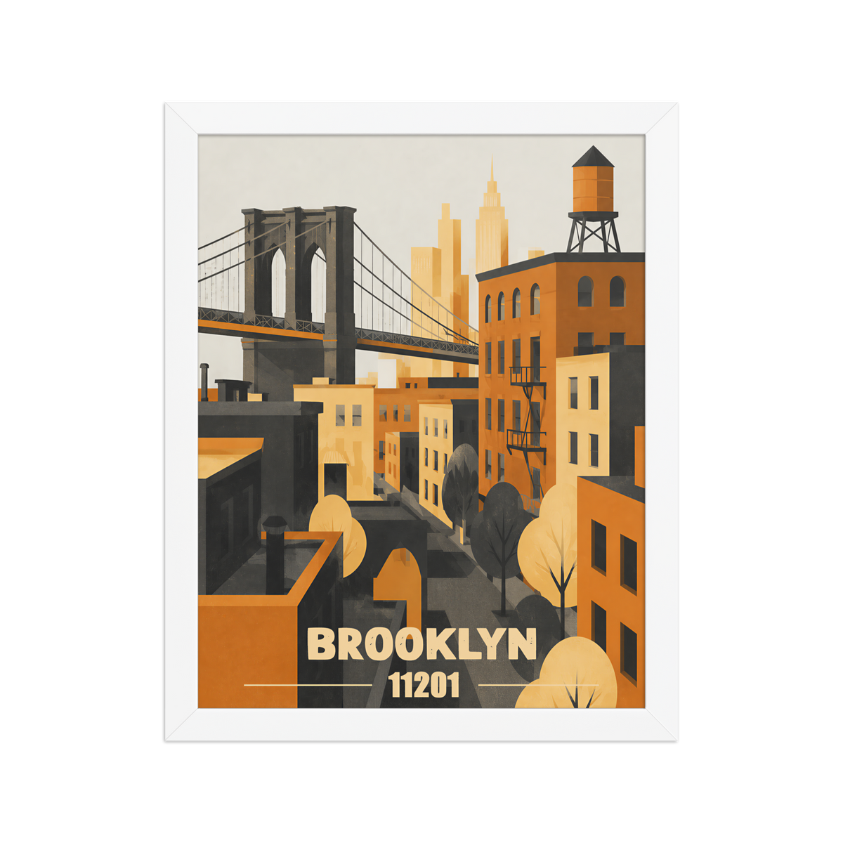 Framed Brooklyn fire escape retro travel poster, 11201 zip code wall art