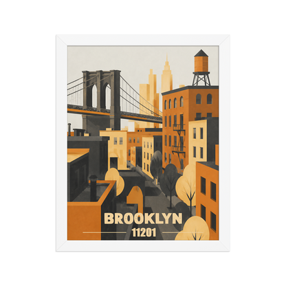 Framed Brooklyn fire escape retro travel poster, 11201 zip code wall art