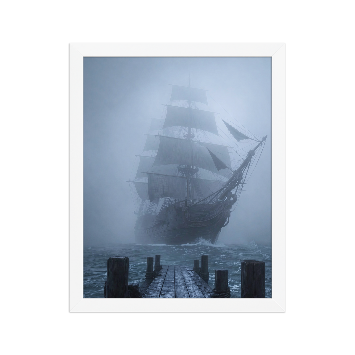 Ghost ship emerging from fog at dawn, dark moody framed wall art print ready to hang, JMTR Jeometry Store