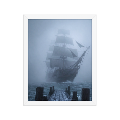 Ghost ship emerging from fog at dawn, dark moody framed wall art print ready to hang, JMTR Jeometry Store
