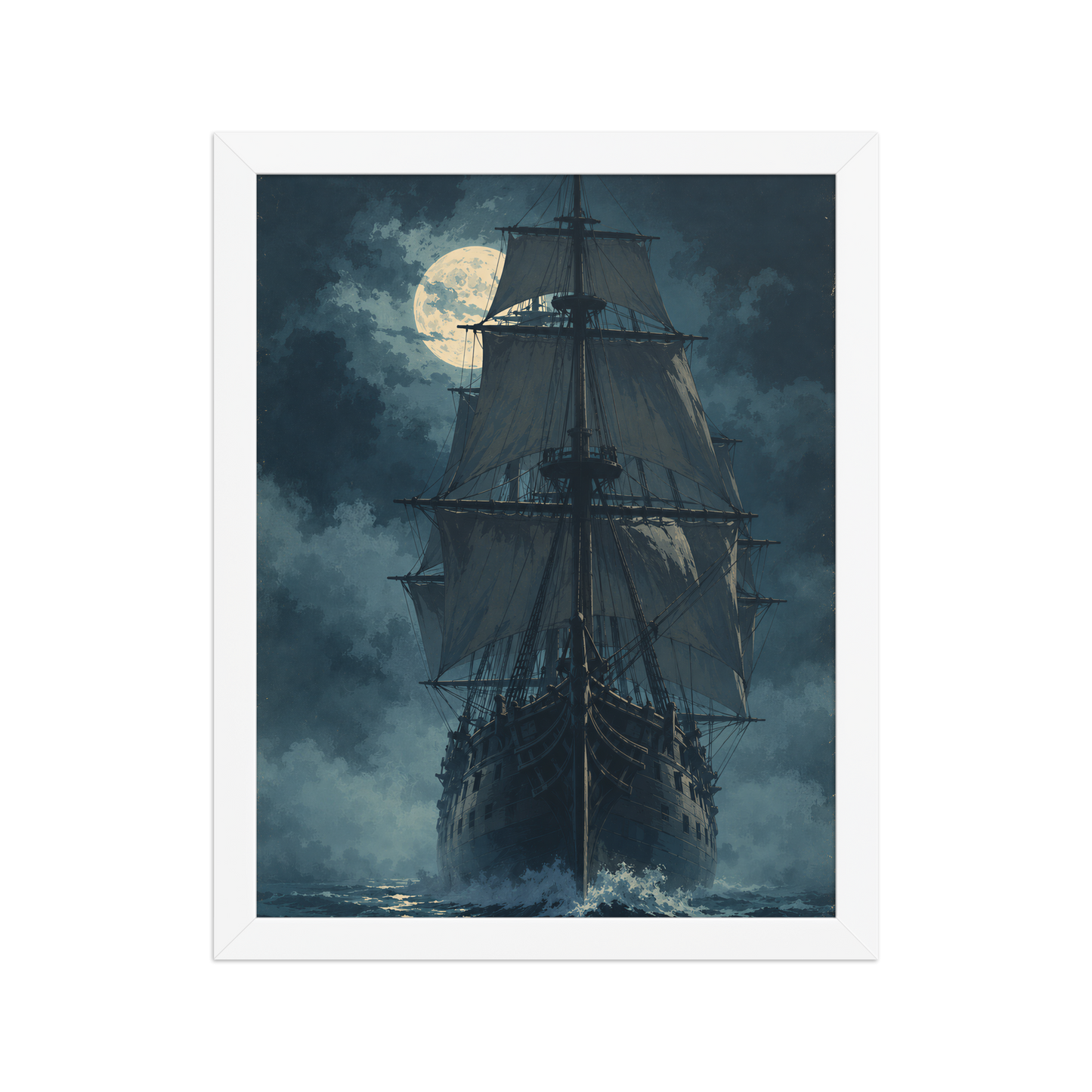Tall ship sailing under full moon at night, vintage atmospheric nautical framed wall art print ready to hang, JMTR Jeometry Store
