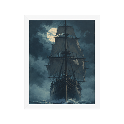 Tall ship sailing under full moon at night, vintage atmospheric nautical framed wall art print ready to hang, JMTR Jeometry Store