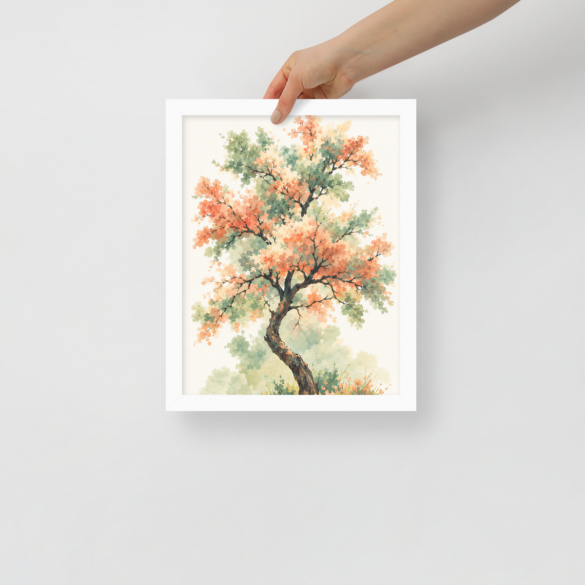 Watercolor painting of a blossoming tree with coral and sage green leaves, twisting trunk in a quiet meadow, framed wall art print ready to hang, JMTR Jeometry Store