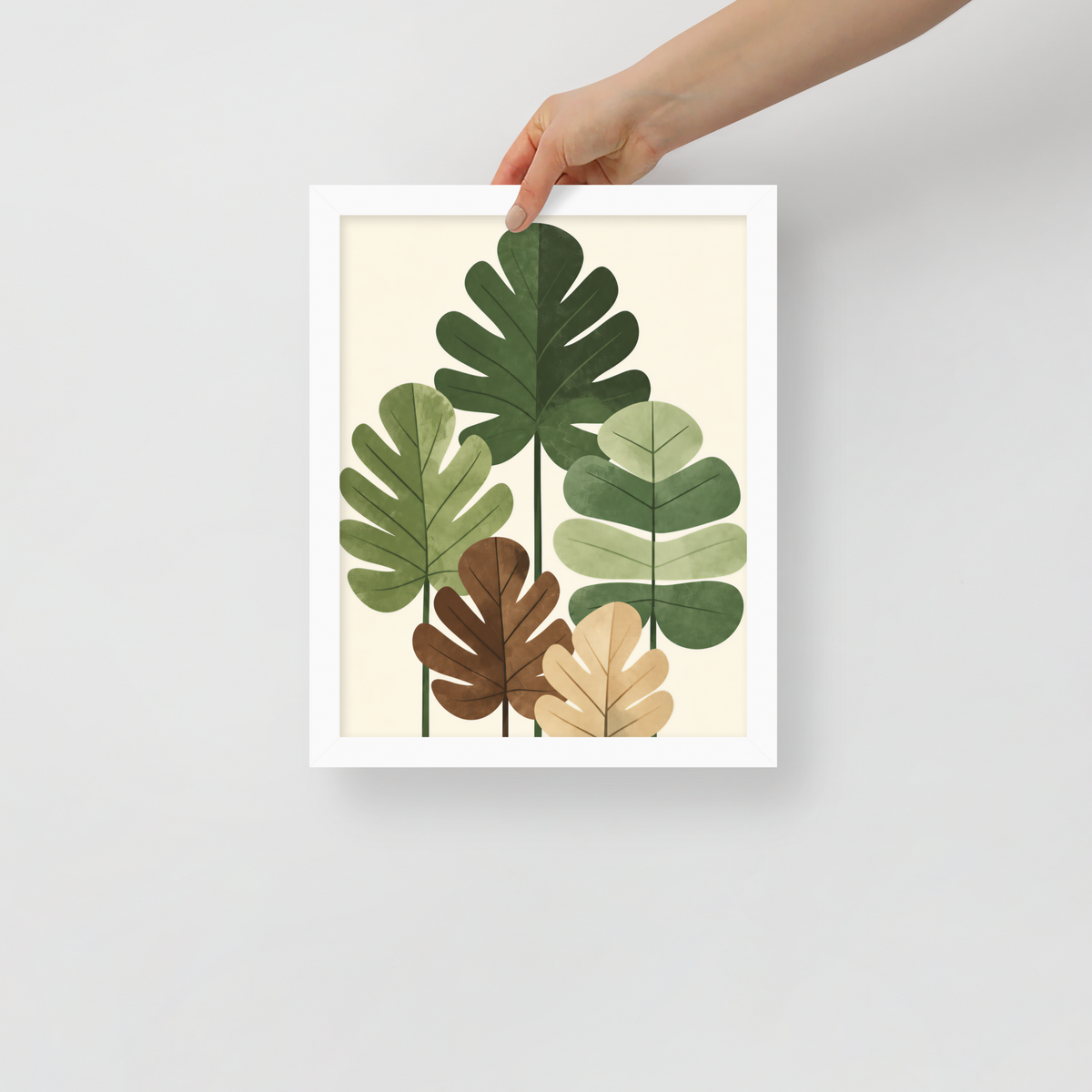 Illustrated fig leaves in shades of green, brown and gold with textured paper-like finish, framed wall art print ready to hang, JMTR Jeometry Store