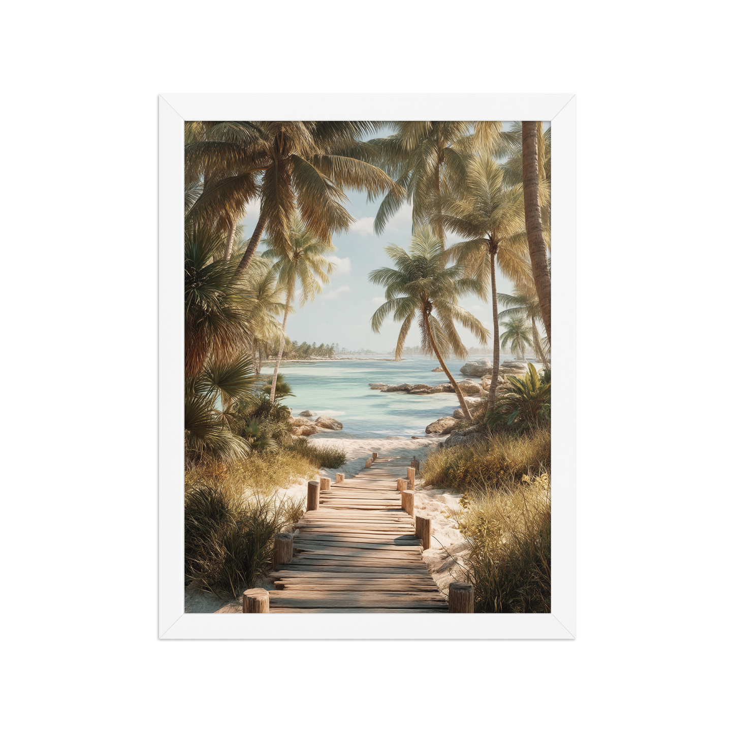 Wooden boardwalk path through tropical palm trees 
leading to calm turquoise beach, framed wall art print, 
black frame, JMTR Jeometry Store