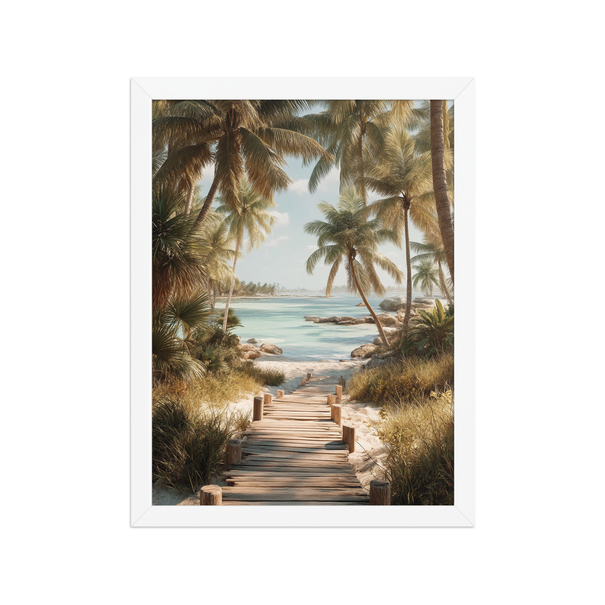 Wooden boardwalk path through tropical palm trees 
leading to calm turquoise beach, framed wall art print, 
black frame, JMTR Jeometry Store
