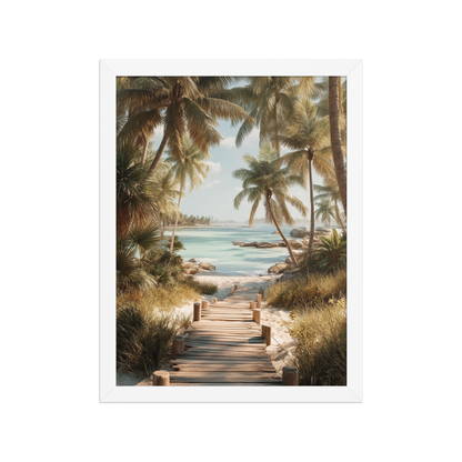 Wooden boardwalk path through tropical palm trees 
leading to calm turquoise beach, framed wall art print, 
black frame, JMTR Jeometry Store