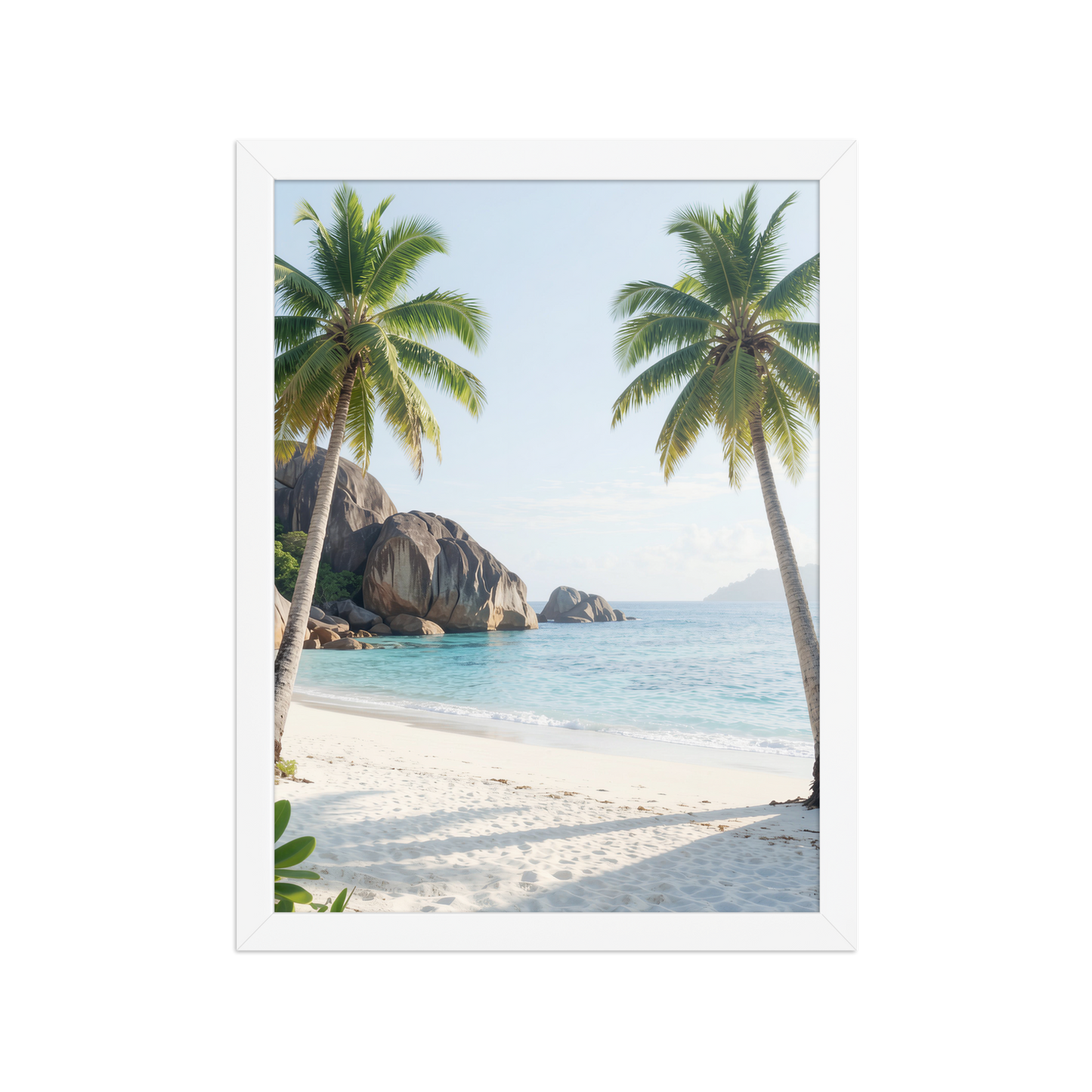 Framed tropical beach print with turquoise ocean, white sand and palm trees, ready to hang coastal wall art, JMTR Jeometry Store