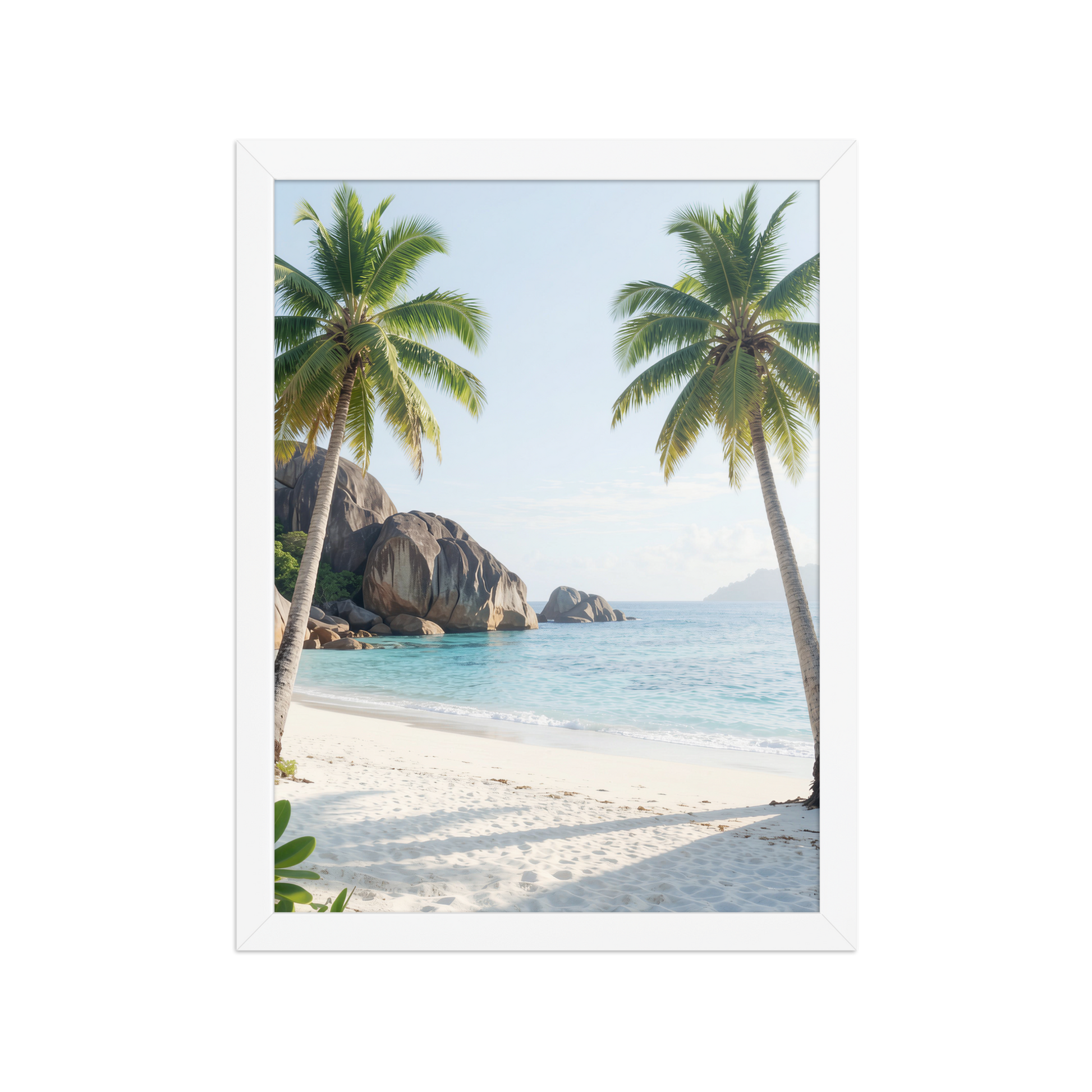 Framed tropical beach print with turquoise ocean, white sand and palm trees, ready to hang coastal wall art, JMTR Jeometry Store
