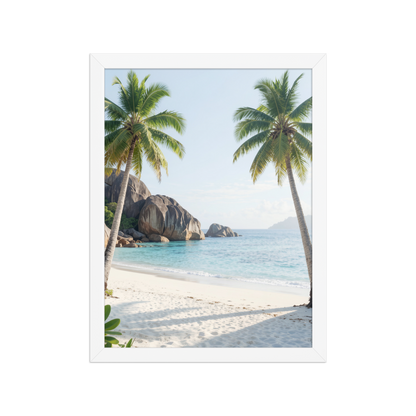 Framed tropical beach print with turquoise ocean, white sand and palm trees, ready to hang coastal wall art, JMTR Jeometry Store