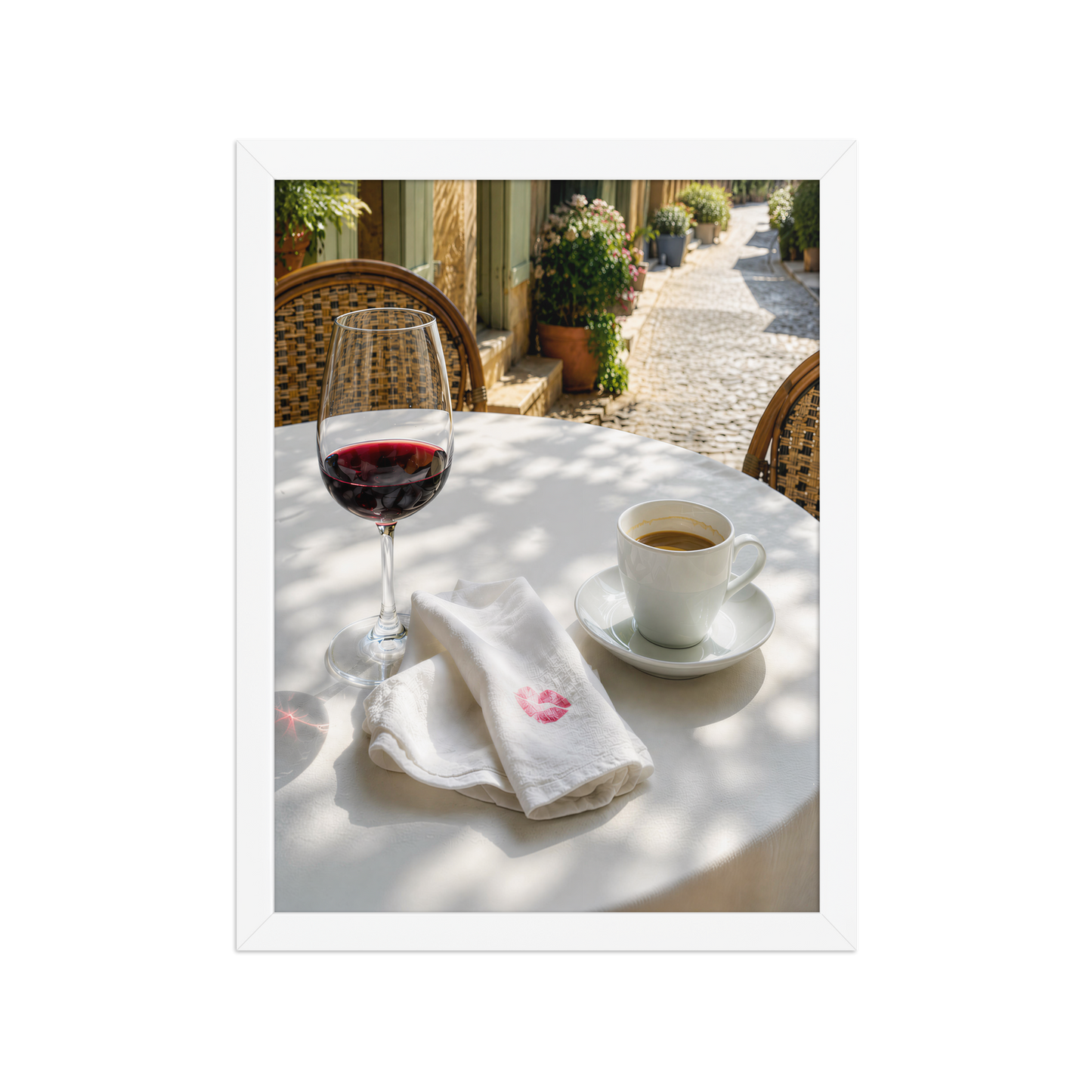 Framed sunlit café terrace print with red wine and espresso, ready to hang wall art, JMTR Jeometry Store
