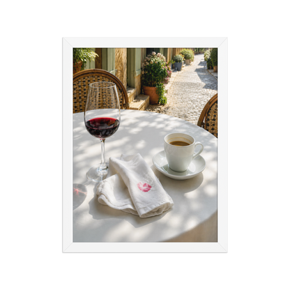 Framed sunlit café terrace print with red wine and espresso, ready to hang wall art, JMTR Jeometry Store