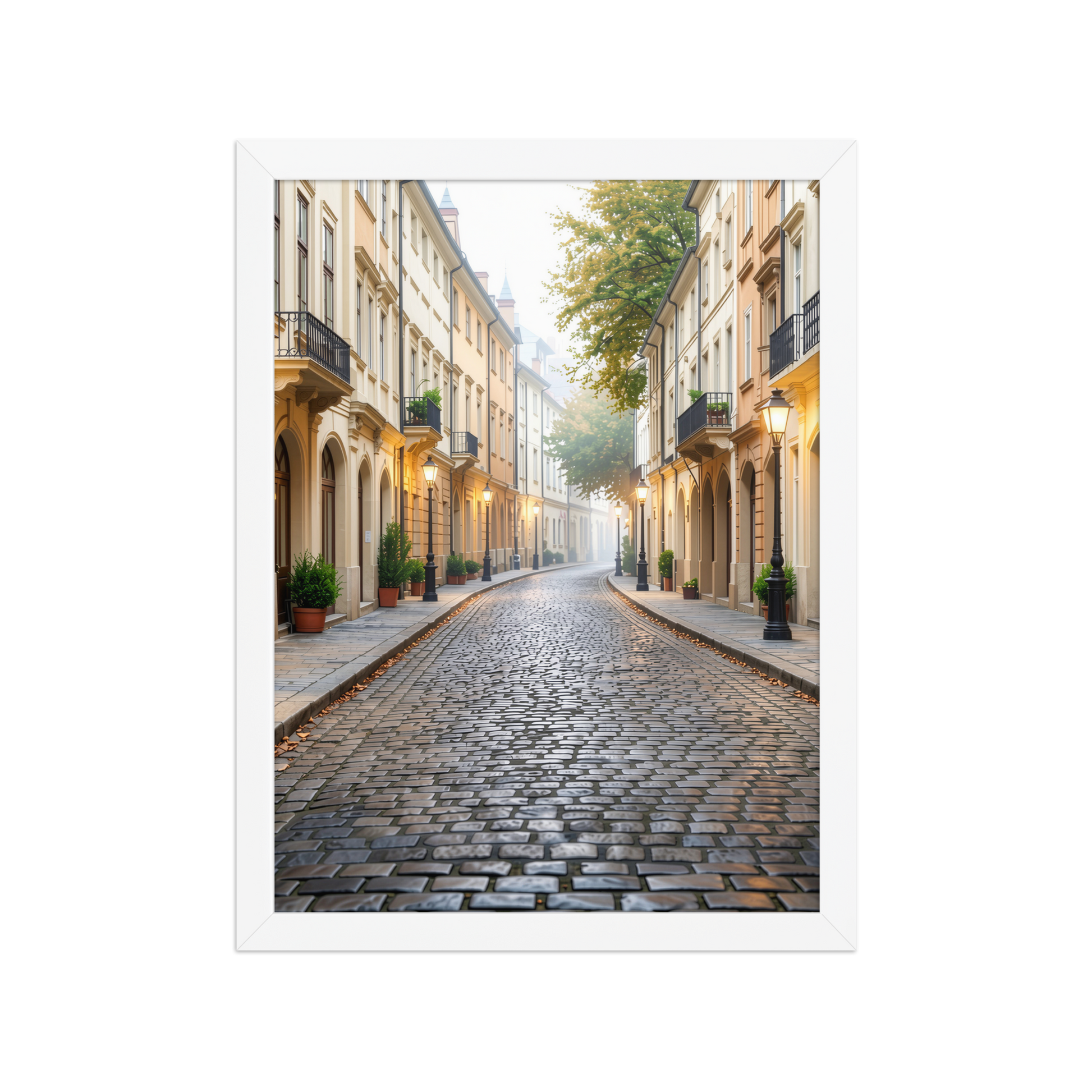 Framed European cobblestone street wall art, calm aesthetic old town morning fog poster, black frame, JMTR Jeometry Store