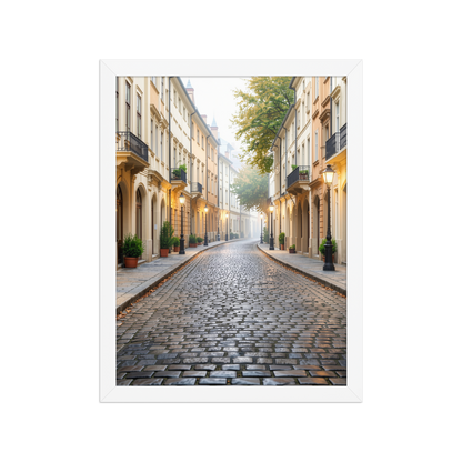 Framed European cobblestone street wall art, calm aesthetic old town morning fog poster, black frame, JMTR Jeometry Store