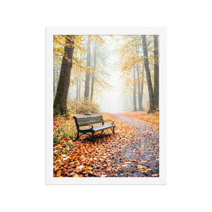 Framed autumn park bench wall art, foggy forest path fall leaves calm aesthetic poster, black frame, JMTR Jeometry Store