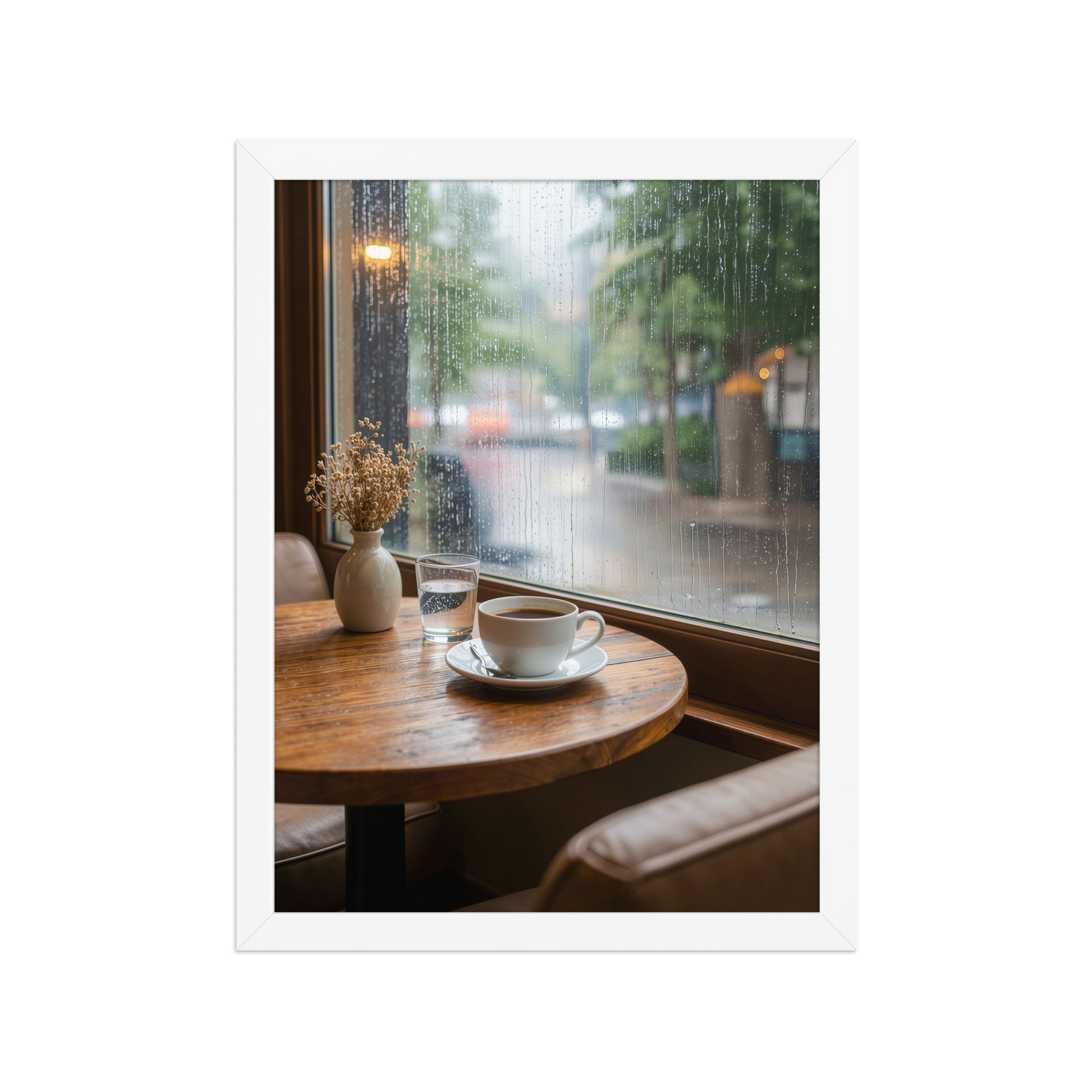 Framed rainy day cafe wall art, coffee cup by rain window calm aesthetic poster, black frame, JMTR Jeometry Store