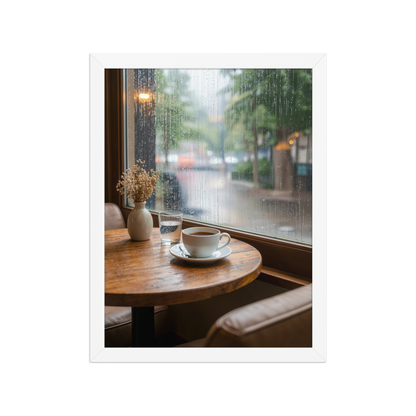 Framed rainy day cafe wall art, coffee cup by rain window calm aesthetic poster, black frame, JMTR Jeometry Store