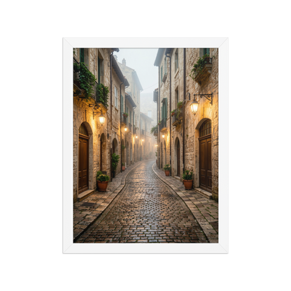 Framed Italian village cobblestone street wall art, warm lanterns foggy alley calm aesthetic poster, black frame, JMTR Jeometry Store