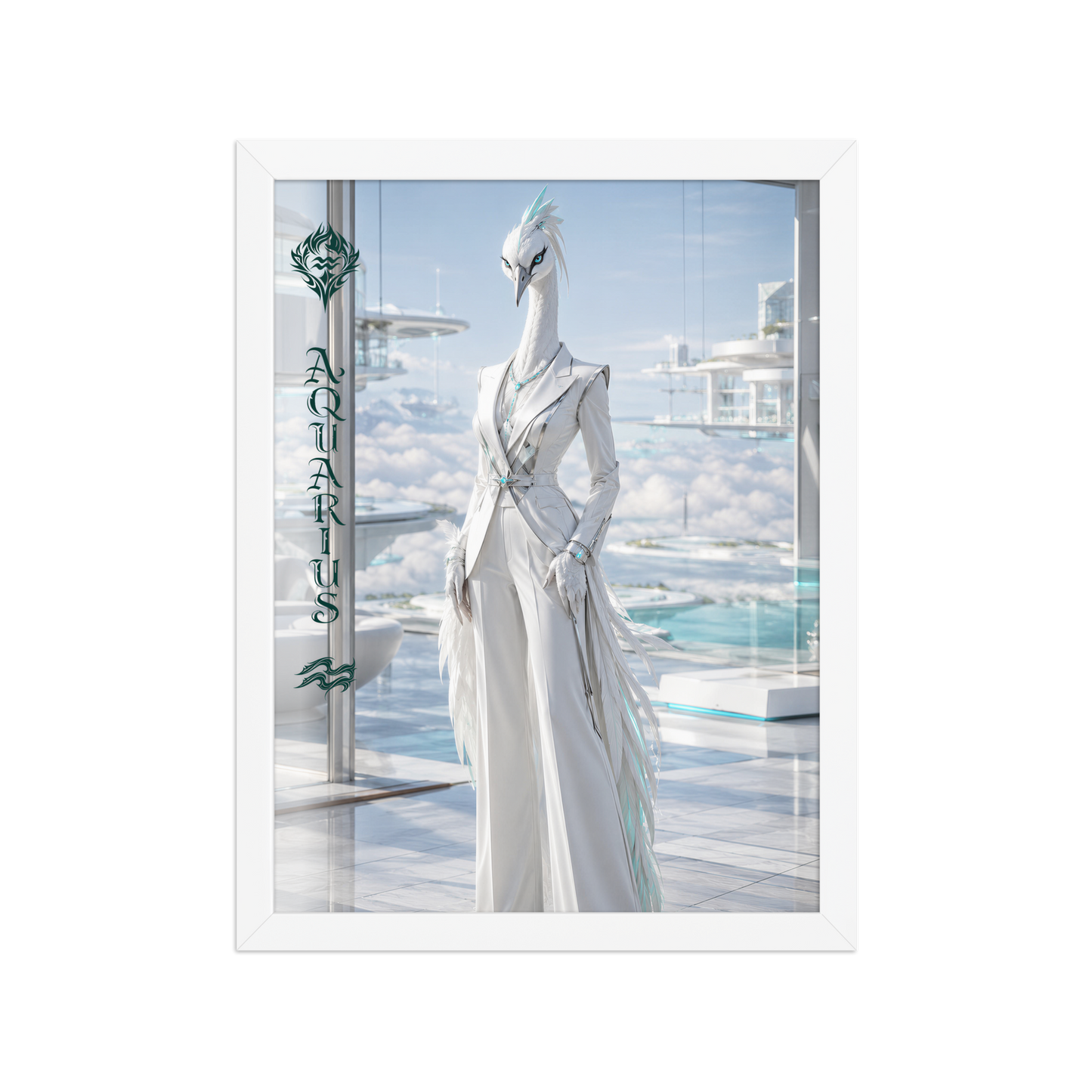 Framed Aquarius woman zodiac poster featuring a white crane standing above the clouds in a futuristic celestial city