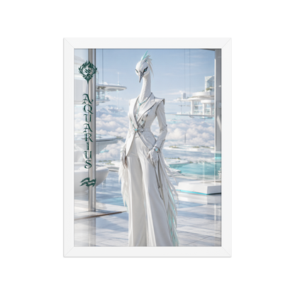 Framed Aquarius woman zodiac poster featuring a white crane standing above the clouds in a futuristic celestial city