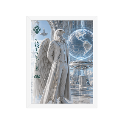 Framed Aquarius man zodiac poster featuring a white eagle standing before a glowing world in a futuristic celestial city