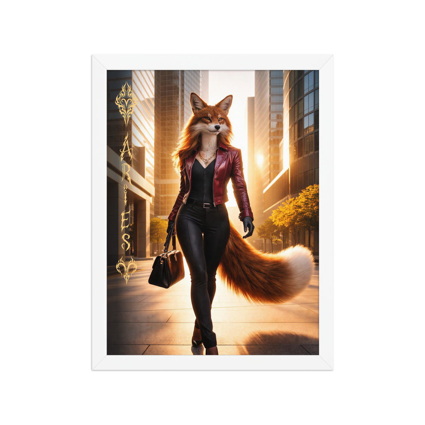 Framed Aries fox woman zodiac poster walking through a modern city at sunset