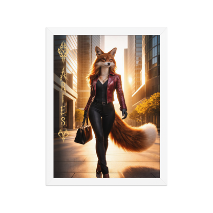 Framed Aries fox woman zodiac poster walking through a modern city at sunset