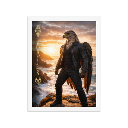 Framed Aries man poster featuring a powerful eagle figure standing above ocean cliffs at sunset, symbolizing strength, courage, and leadership.