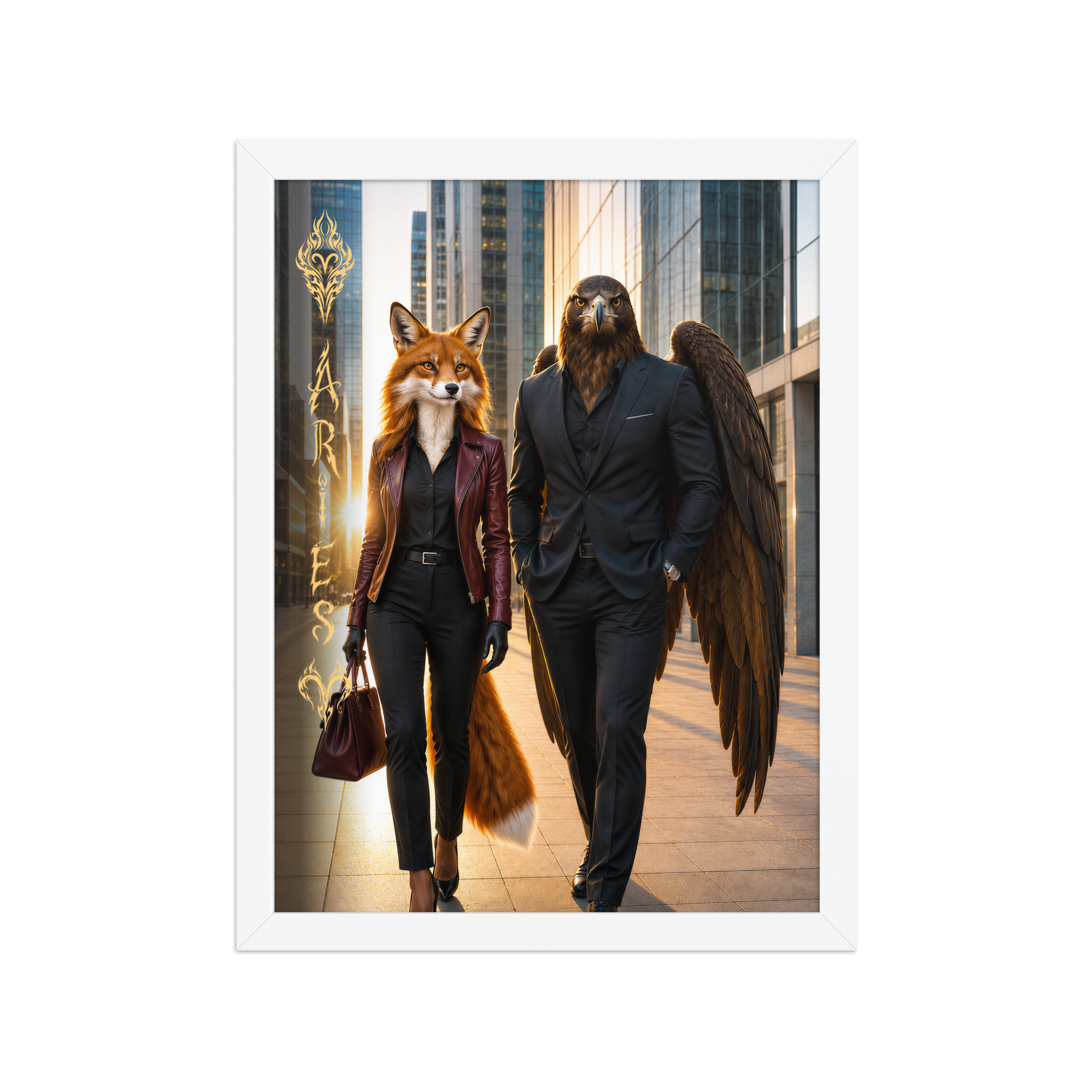 Framed Aries power couple poster featuring eagle and fox archetypes walking through a modern city, symbolizing strength, ambition, and partnership.