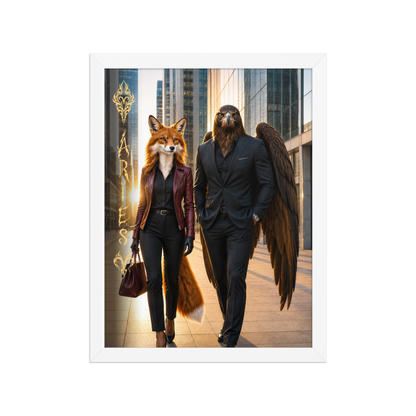 Framed Aries power couple poster featuring eagle and fox archetypes walking through a modern city, symbolizing strength, ambition, and partnership.