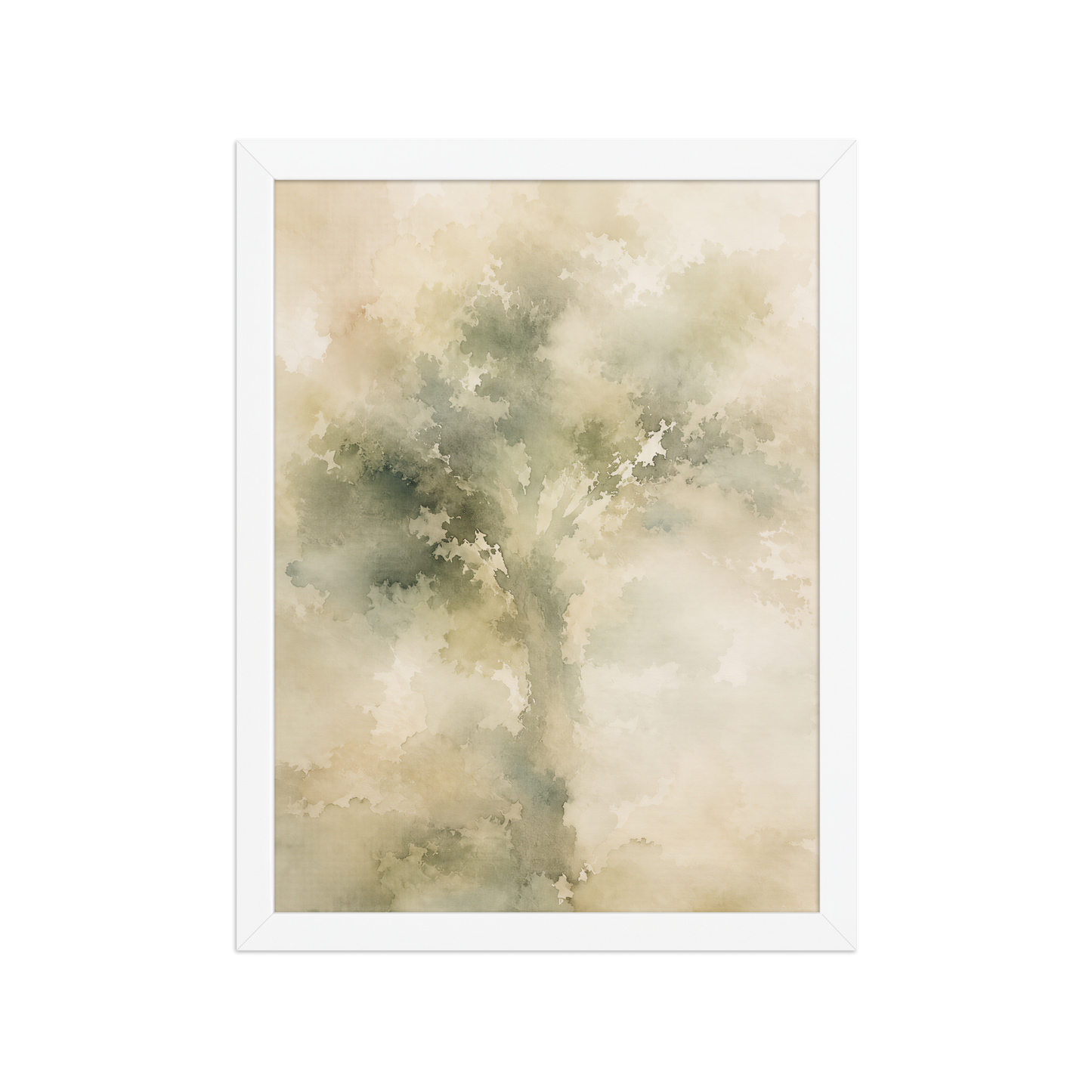 Framed minimalist nature poster featuring a softly emerging tree form in muted green and warm neutral tones.