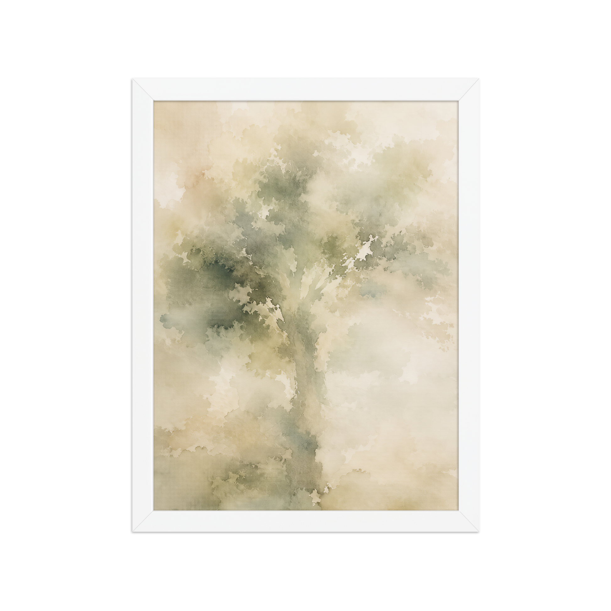 Framed minimalist nature poster featuring a softly emerging tree form in muted green and warm neutral tones.