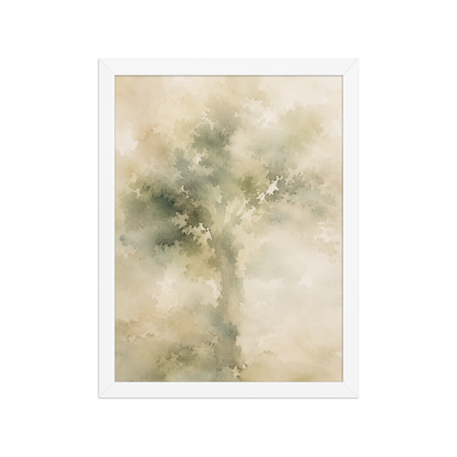 Framed minimalist nature poster featuring a softly emerging tree form in muted green and warm neutral tones.