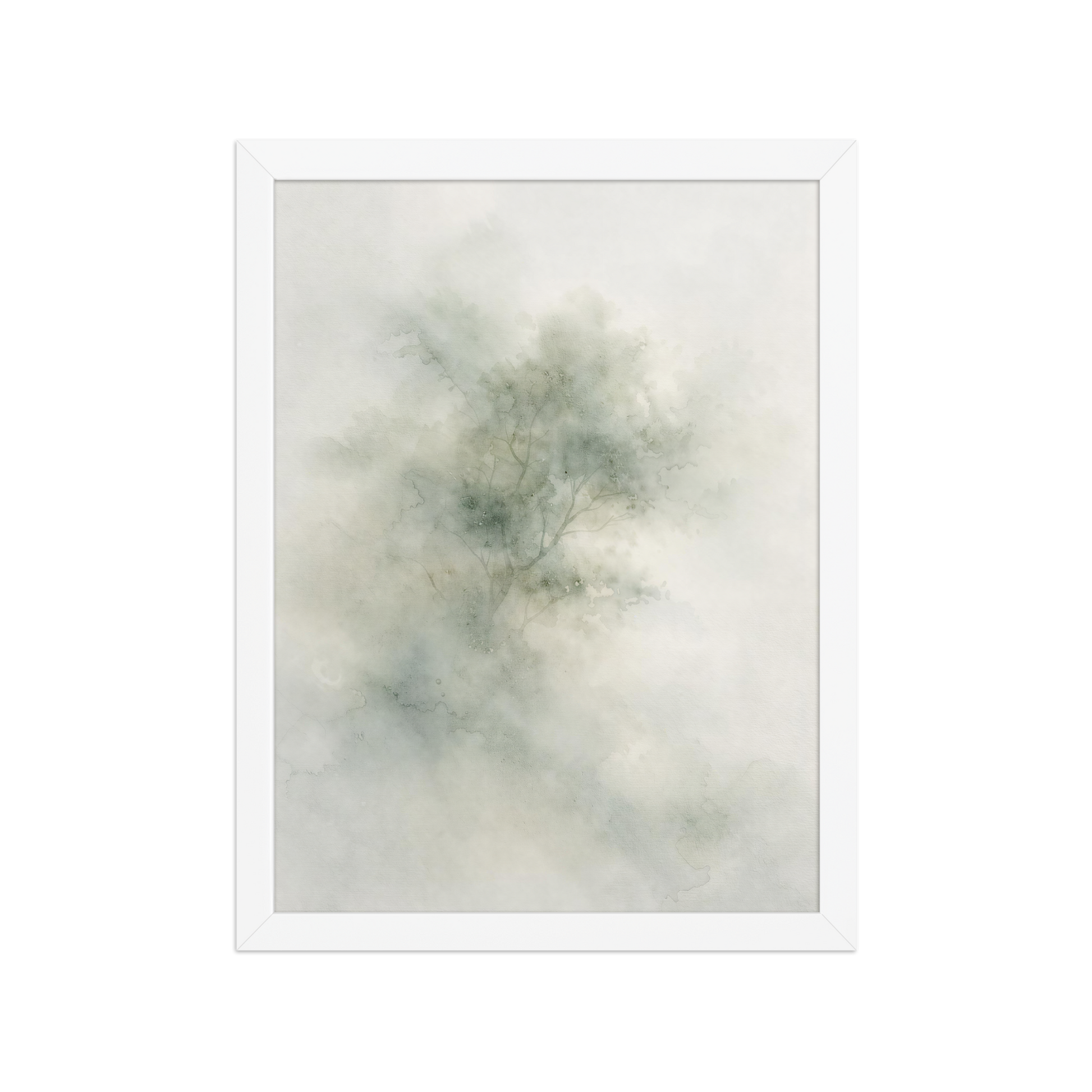 Framed minimalist watercolor-inspired artwork with a softly emerging tree form and subtle neutral tones.