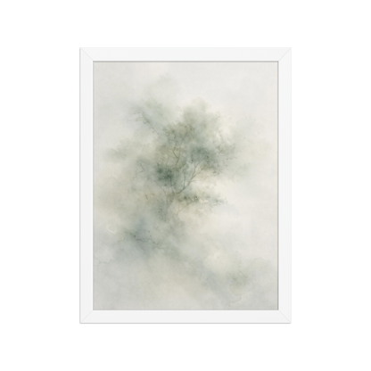 Framed minimalist watercolor-inspired artwork with a softly emerging tree form and subtle neutral tones.