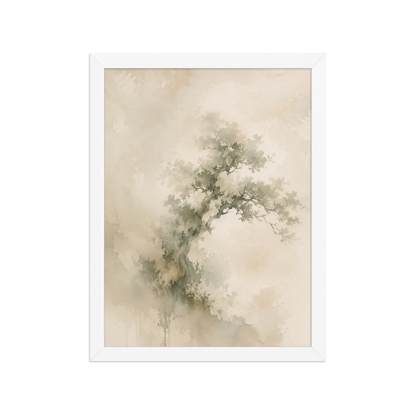 Framed minimalist nature-inspired poster featuring an emerging tree form in soft earthy neutral tones.