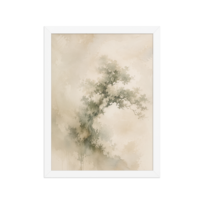 Framed minimalist nature-inspired poster featuring an emerging tree form in soft earthy neutral tones.