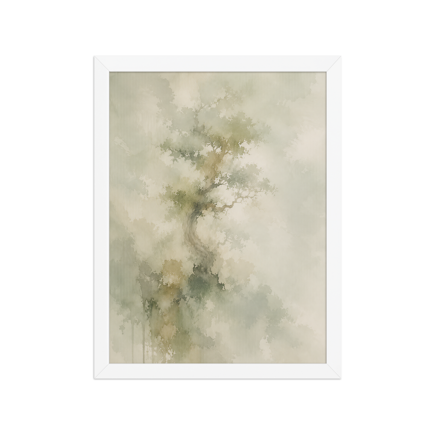 Framed minimalist nature-inspired poster featuring a softly emerging tree form in muted neutral tones and organic watercolor textures.