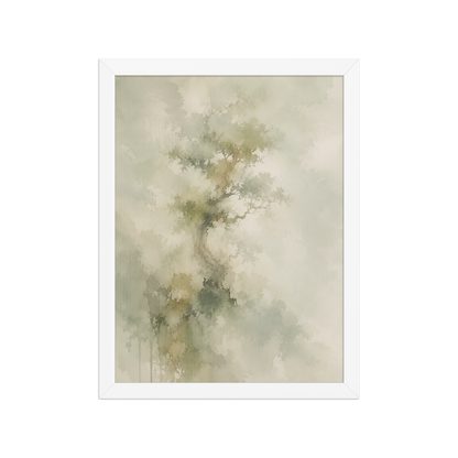 Framed minimalist nature-inspired poster featuring a softly emerging tree form in muted neutral tones and organic watercolor textures.