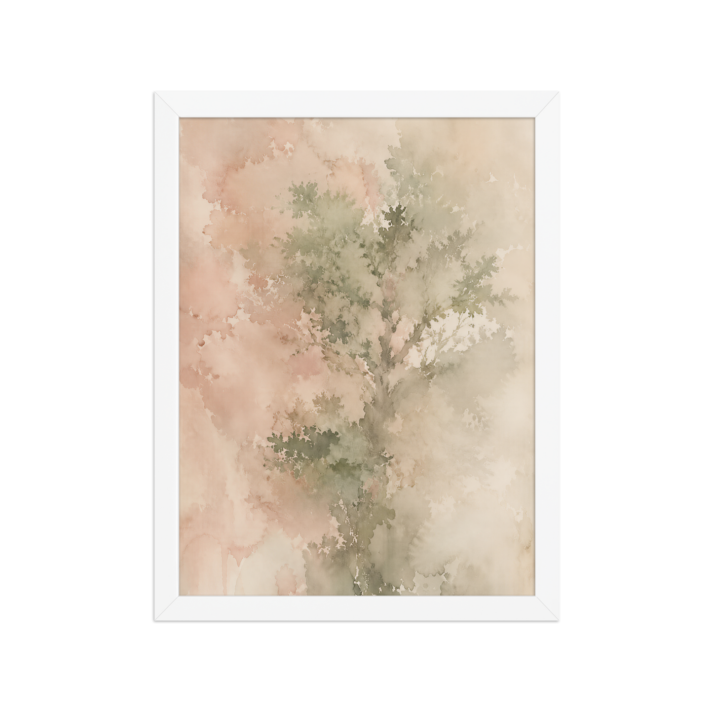 Framed minimalist nature-inspired poster featuring a softly emerging tree form in blush, sage, and warm neutral tones.