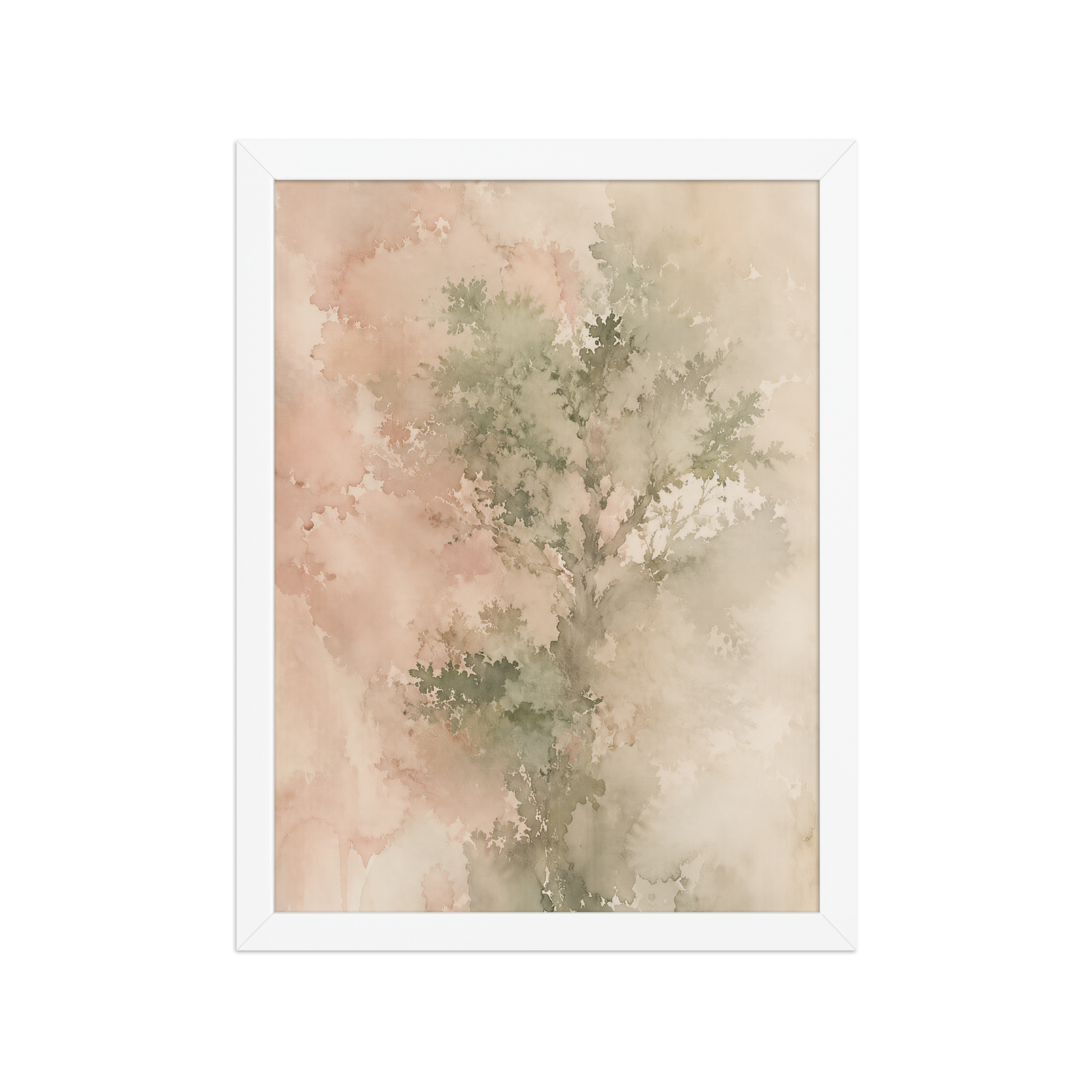 Framed minimalist nature-inspired poster featuring a softly emerging tree form in blush, sage, and warm neutral tones.