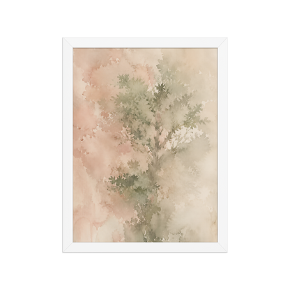 Framed minimalist nature-inspired poster featuring a softly emerging tree form in blush, sage, and warm neutral tones.