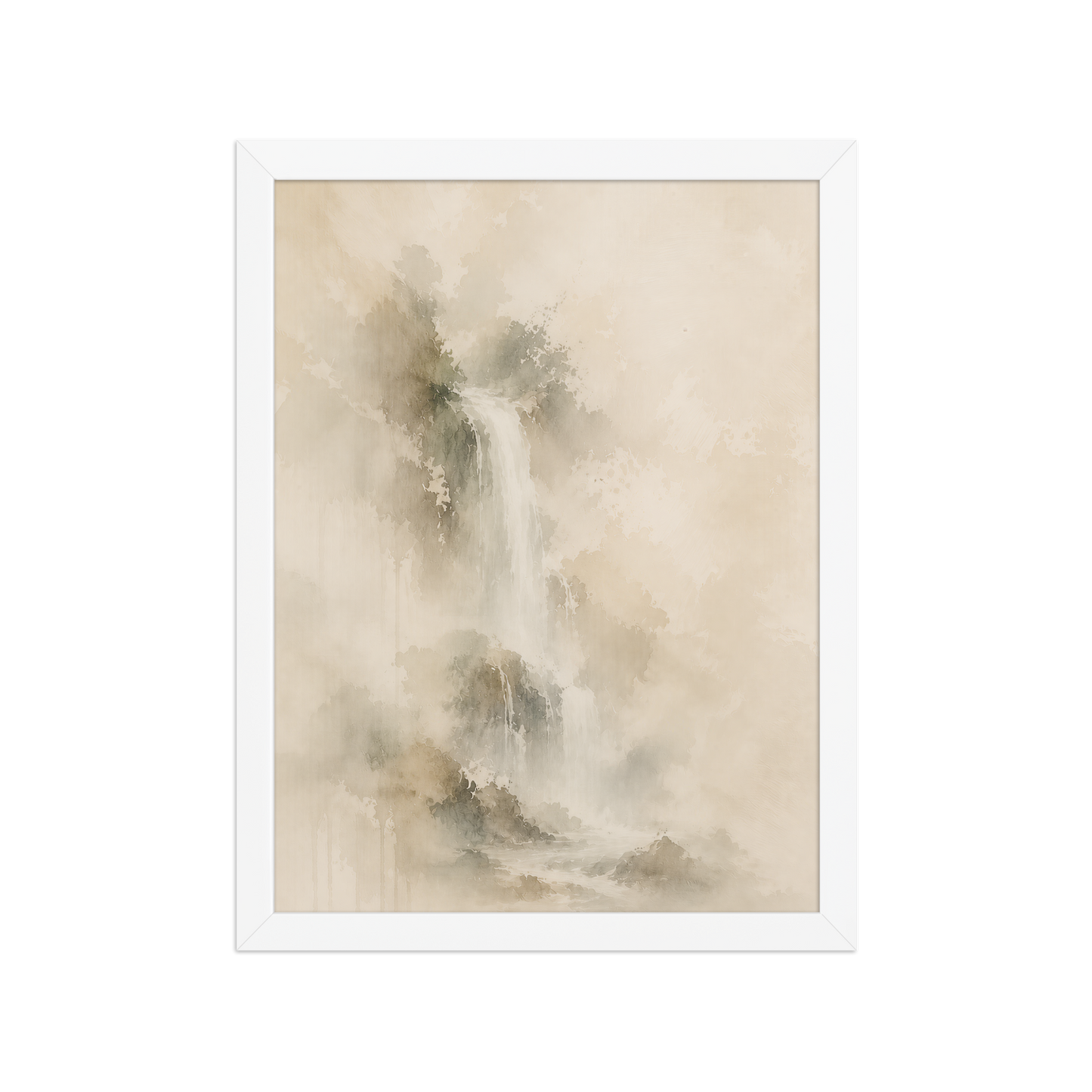 Framed waterfall-inspired poster featuring soft flowing forms in warm neutral and muted earth tones.