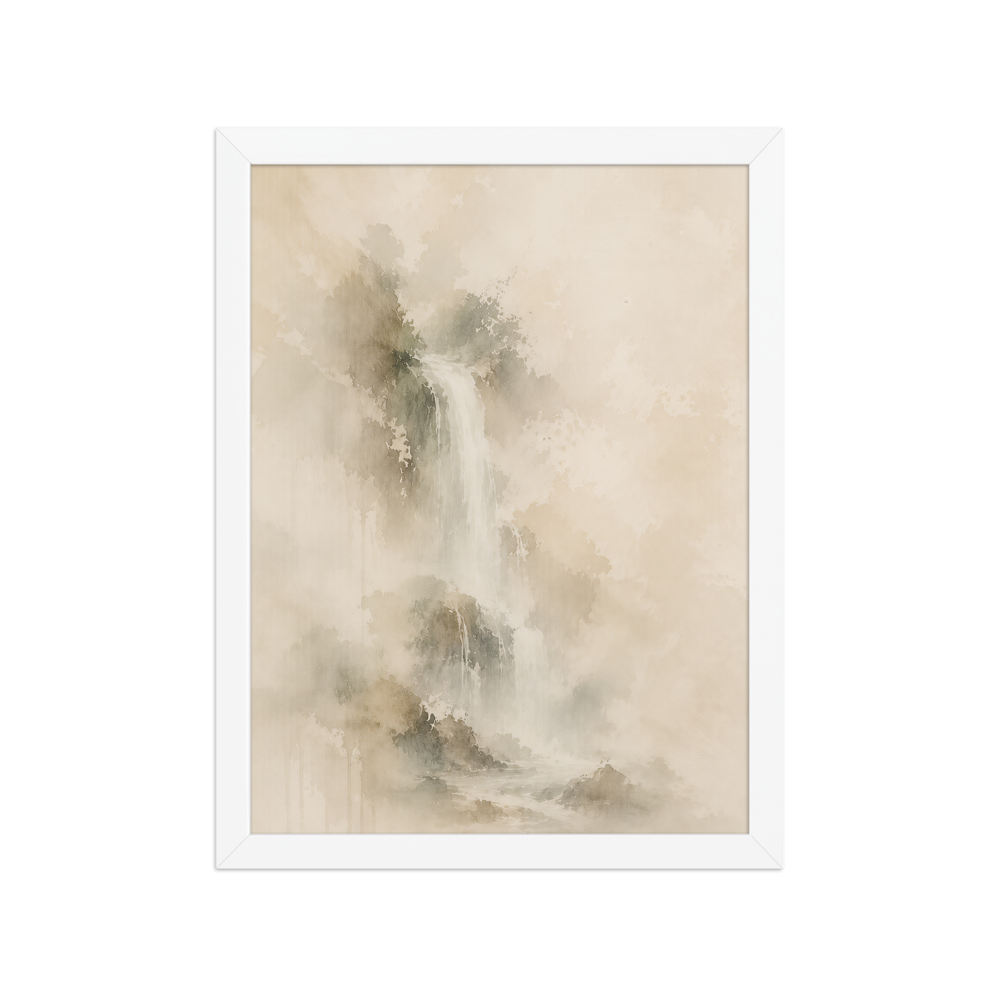 Framed waterfall-inspired poster featuring soft flowing forms in warm neutral and muted earth tones.