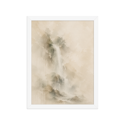 Framed waterfall-inspired poster featuring soft flowing forms in warm neutral and muted earth tones.